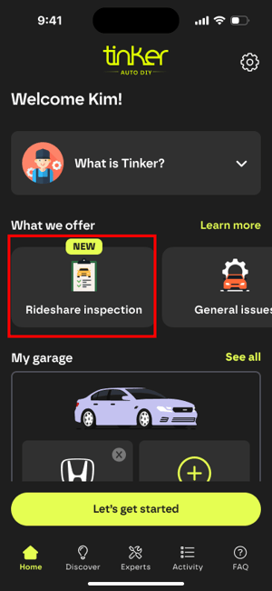 Home Screen Rideshare Inspection